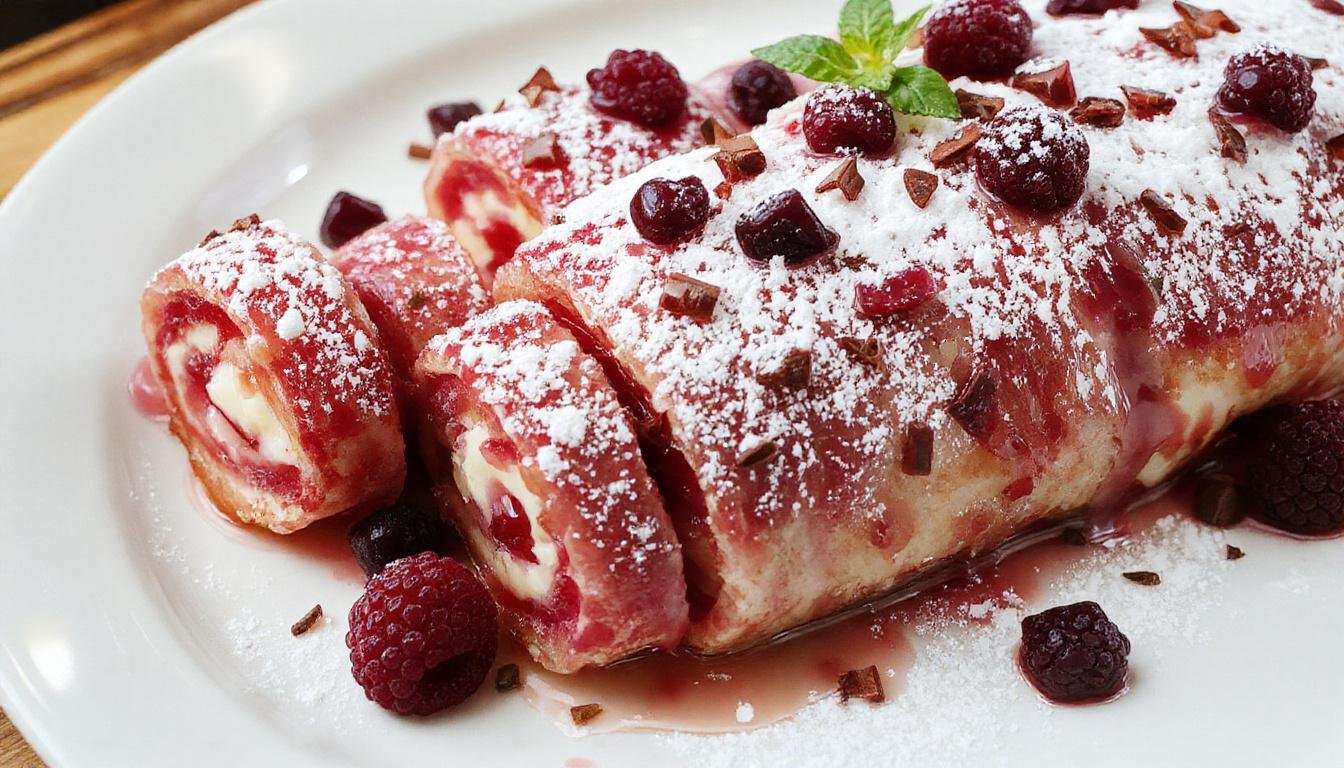Eine hellrosa Himbeer-Joghurt-Rolle, die elegant auf einem weißen Teller präsentiert wird. Die Rolle ist fein geschnitten, zeigt eine cremige Füllung mit frischen Himbeeren, und die Oberfläche ist smooth mit einer leichten Puderzuckerüberziehung.