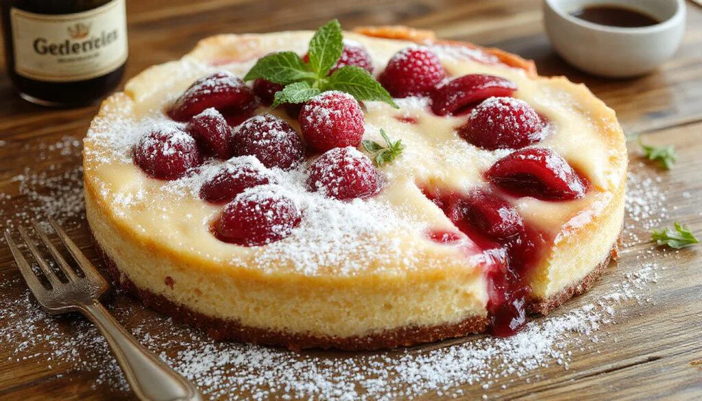 Ein rechteckiges Stück der Himbeer-Schmand-Torte vom Blech, bedeckt mit einer frischen Himbeerschicht und cremigem Schmand, auf einem eleganten Teller angerichtet, mit zartem Biskuit und einem Hauch Puderzucker. Die Torte ist schön gefächert und hat eine glänzende Fruchtdekoration mit roten Himbeeren.