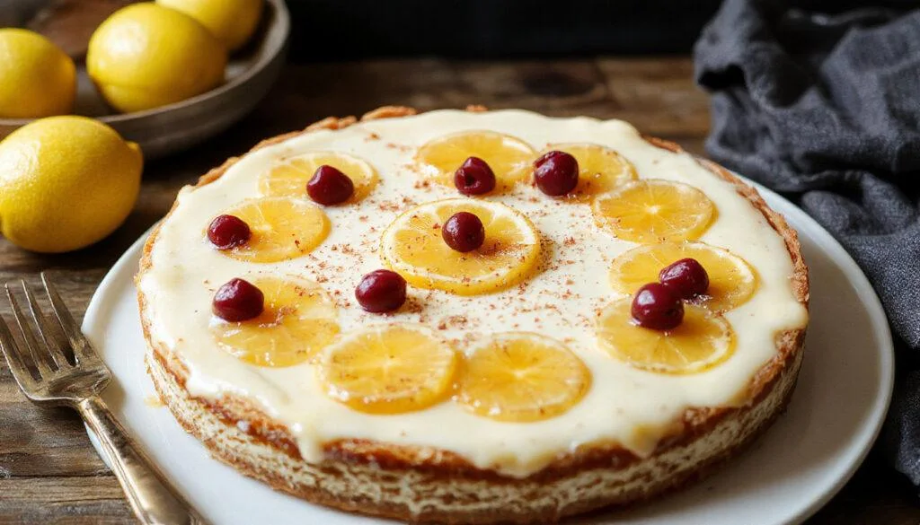Eine elegante, leichte Zitronen-Joghurt-Torte mit einer hellgelben, cremigen Oberfläche, garniert mit dünnen Zitronenscheiben und frischer Minze auf einem weißen Teller.