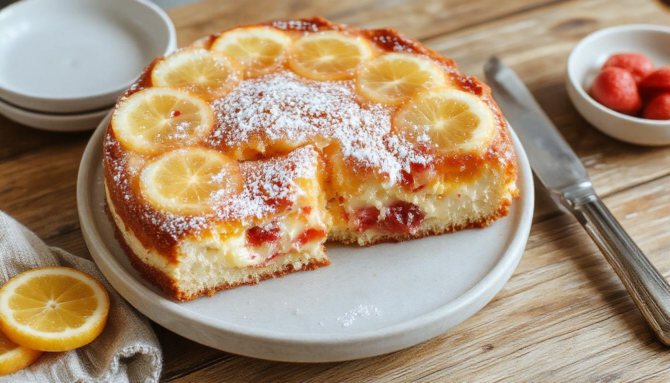 Eine elegante, cremige Zitronen-Mascarpone-Torte mit einer hellgelben Zitronenglasur, dekoriert mit frischer Minze und Garnierungen aus Zitronenzesten, auf einer weißen Kuchenplatte präsentiert, blickdicht und verführerisch.