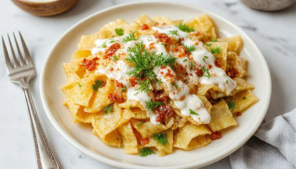 Ein bunten Nudelsalat in einer klaren Schale, mit roten Tomaten, grünen Gurken, gelben Maiskörnern und weißen Nudeln, garniert mit frischen Kräutern, auf einem weißen Teller serviert.