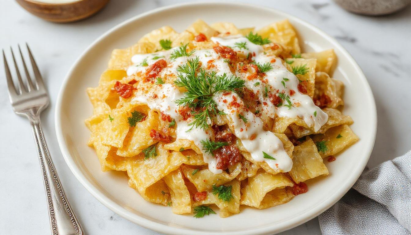 Ein bunten Nudelsalat in einer klaren Schale, mit roten Tomaten, grünen Gurken, gelben Maiskörnern und weißen Nudeln, garniert mit frischen Kräutern, auf einem weißen Teller serviert.