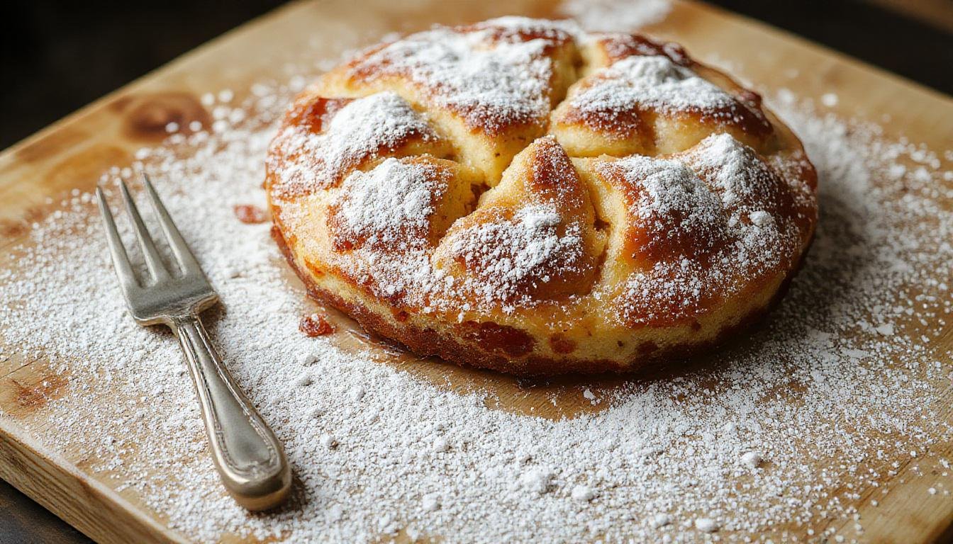 Ein frisch gebackener Obstboden vom Blech, goldgelb und leicht knusprig, mit einer bunten Schicht frischer Früchte wie Erdbeeren, Kiwi und Beeren, die gleichmäßig darauf verteilt sind, leicht glasiert und ansprechend präsentiert auf einem eleganten Teller