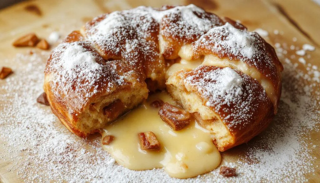 Ein goldbrauner, luftiger Ofenpfannkuchen, der auf einem weißen Teller serviert wird. Der Pfannkuchen ist rund, großzügig aufgebläht und hat eine leicht knusprige Oberfläche, mit einem weichen, luftigen Inneren. Das Gericht wird mit Puderzucker bestäubt und ist von frischen Beeren und einem Zweig Minze garniert.