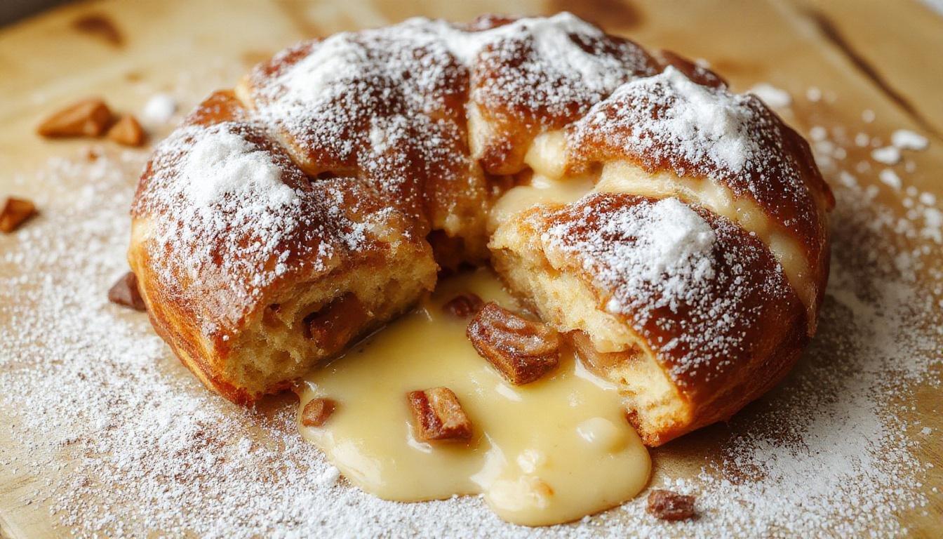 Ein goldbrauner, luftiger Ofenpfannkuchen, der auf einem weißen Teller serviert wird. Der Pfannkuchen ist rund, großzügig aufgebläht und hat eine leicht knusprige Oberfläche, mit einem weichen, luftigen Inneren. Das Gericht wird mit Puderzucker bestäubt und ist von frischen Beeren und einem Zweig Minze garniert.