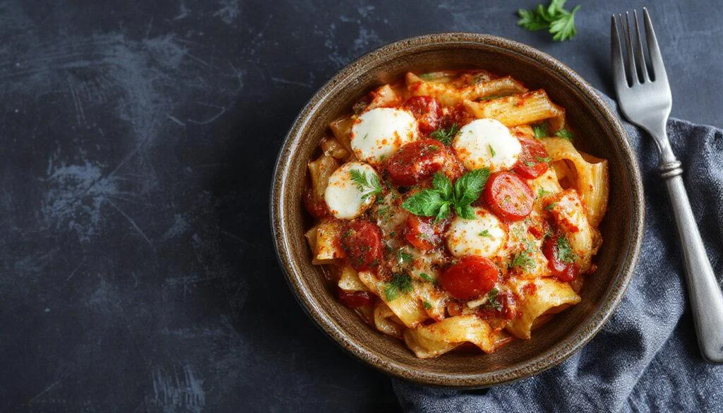Bunte mediterrane Pasta in einem weißen Tiefe Teller, garniert mit frischen Tomatenscheiben, zerdrücktem Mozzarella und frischem Basilikum, die cremige Sauce sichtbar, alles liebevoll angerichtet