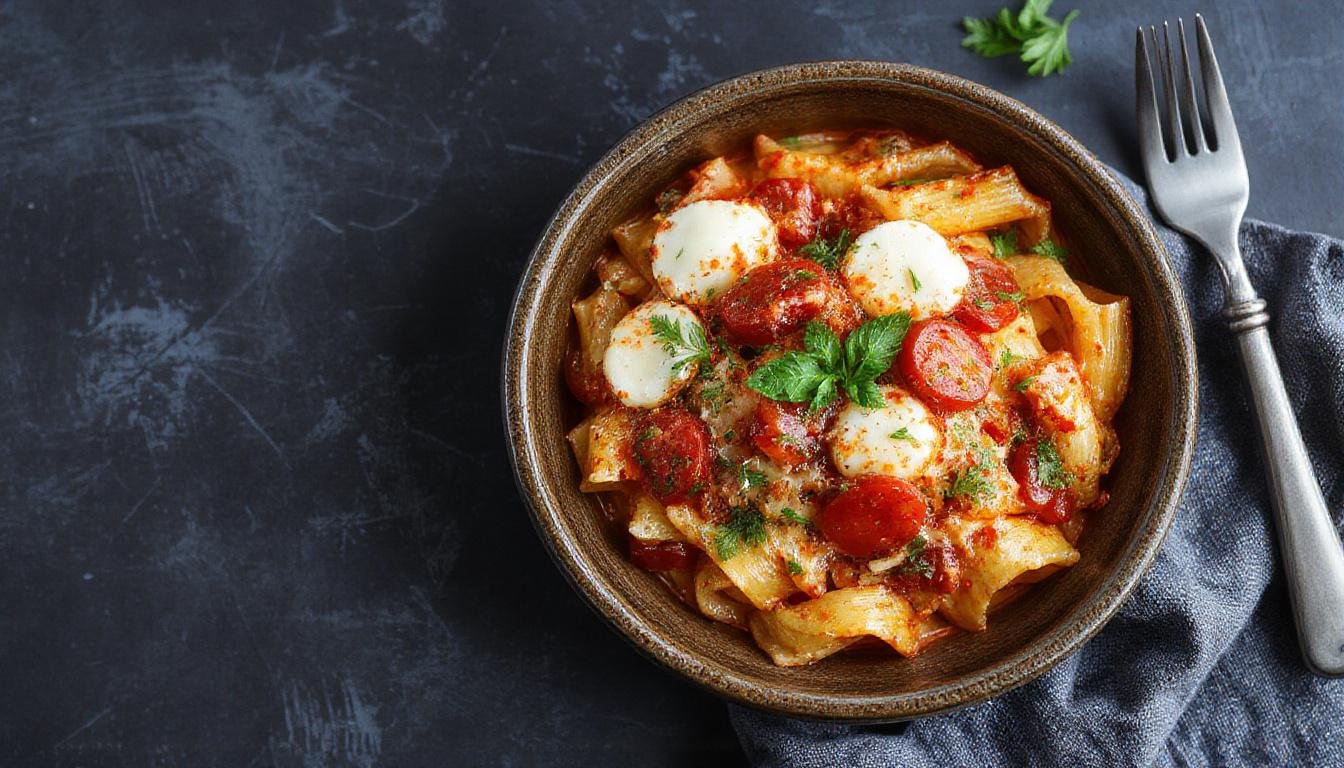 Bunte mediterrane Pasta in einem weißen Tiefe Teller, garniert mit frischen Tomatenscheiben, zerdrücktem Mozzarella und frischem Basilikum, die cremige Sauce sichtbar, alles liebevoll angerichtet