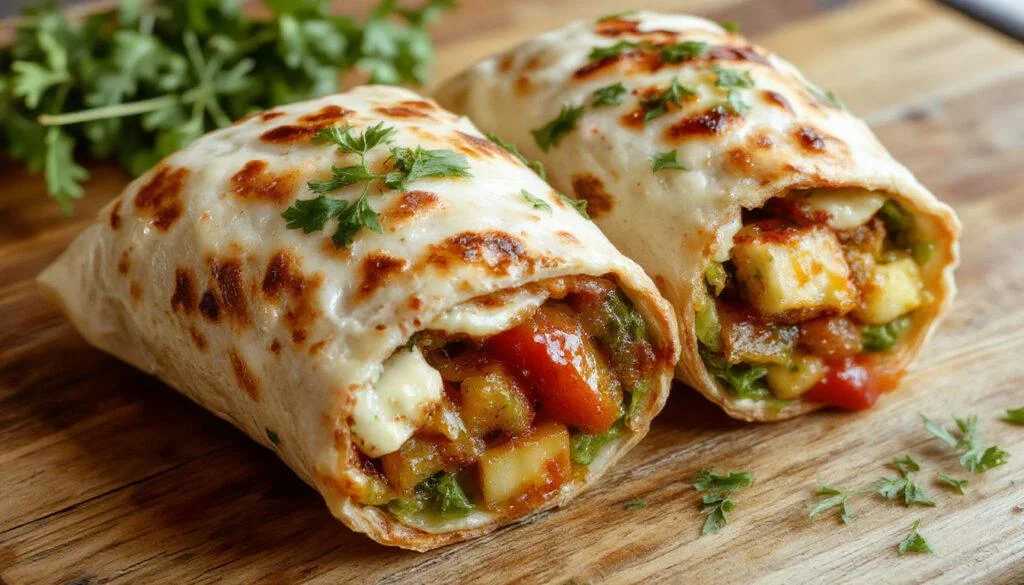 Ein frisch zubereiteter Mediterraner Veggie-Wrap liegt auf einem weißen Teller, gefüllt mit roten Tomatenscheiben, weißem Mozzarella, grünen Salatblättern und bunten Paprikastreifen, umgeben von mediterranen Kräutern und Olivenöl. Das Wrap ist goldbraun und knusprig, die Füllung sichtbar und appetitlich sichtbar, was die Frische und Vielseitigkeit des Gerichts betont.