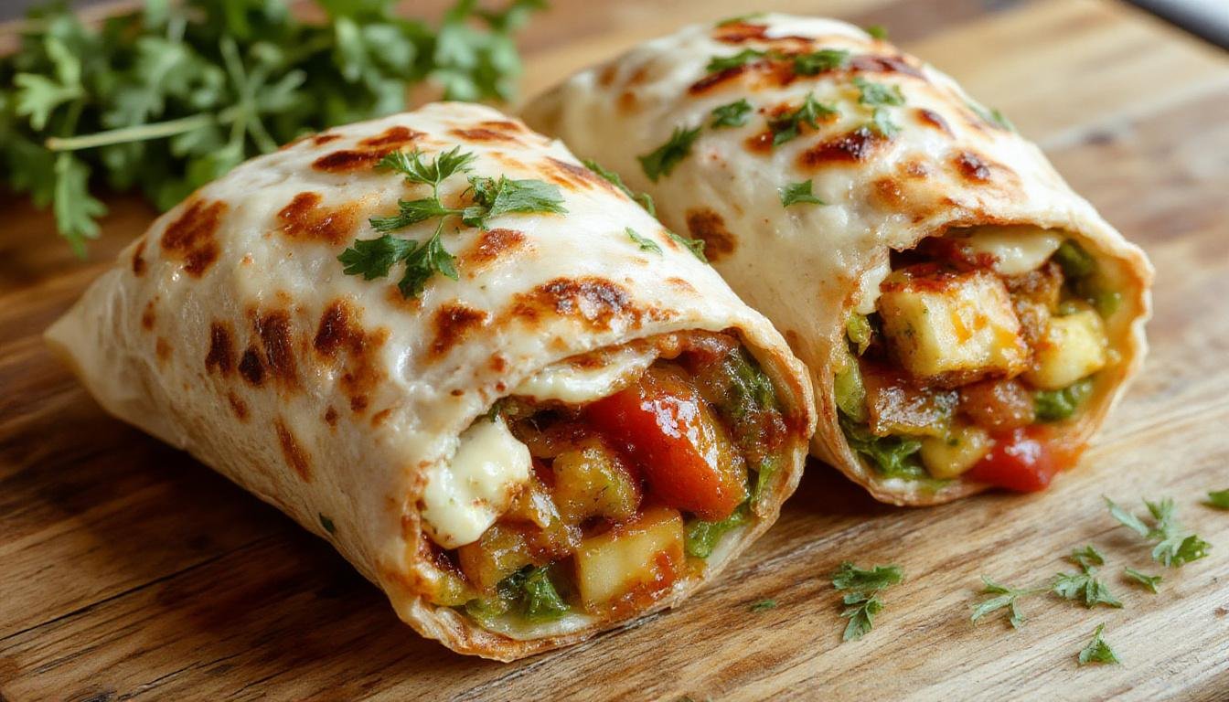 Ein frisch zubereiteter Mediterraner Veggie-Wrap liegt auf einem weißen Teller, gefüllt mit roten Tomatenscheiben, weißem Mozzarella, grünen Salatblättern und bunten Paprikastreifen, umgeben von mediterranen Kräutern und Olivenöl. Das Wrap ist goldbraun und knusprig, die Füllung sichtbar und appetitlich sichtbar, was die Frische und Vielseitigkeit des Gerichts betont.