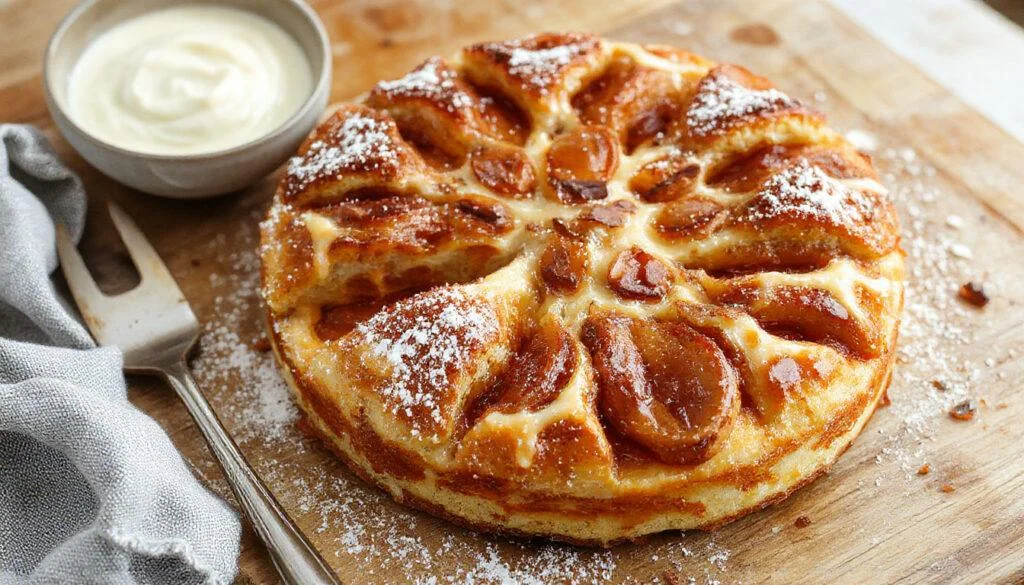 Ein saftiger Zwetschgenkuchen mit goldbraunem Mürbeteigboden, bedeckt mit glitzernden, tiefvioletten Zwetschgen, bestreut mit knusprigen Streuseln, dekorativ angerichtet auf einem rustikalen Teller, umgeben von frischen Zwetschgen.