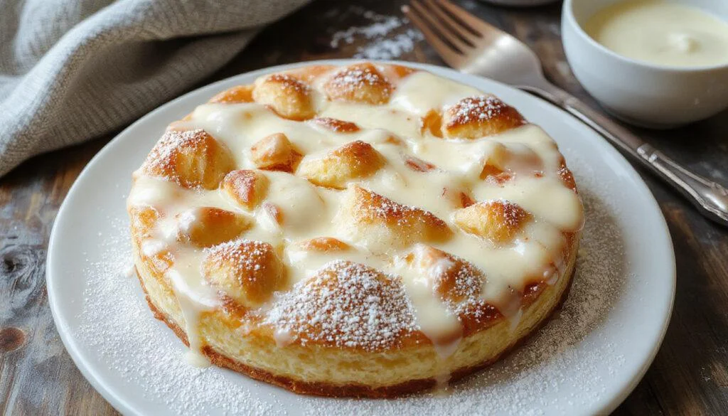Ein cremiger Milchmädchenkuchen ohne Backen auf einem weißen Teller, mit goldbraunem Keksboden, einer glatten Vanillecreme, garniert mit gestreiften Keksen und frischen Beeren, alles stilvoll angerichtet.