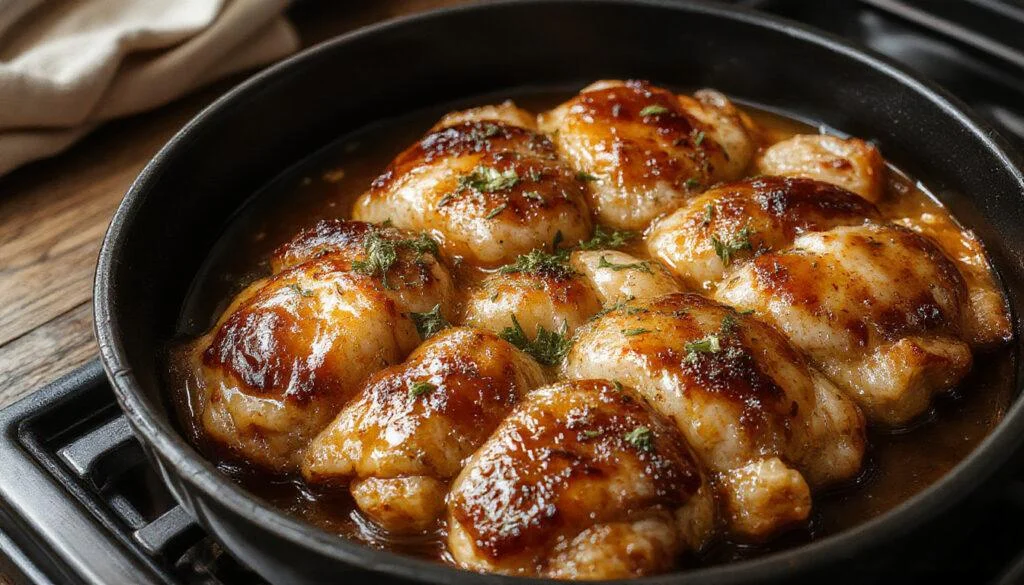 Mini-Hackbraten in kleinen runden Portionen, serviert auf einem weißen Teller mit dunkler Soße darüber, begleitet von frischen Kräutern und einem Stück knusprigem Brot. Das Gericht ist sorgfältig angerichtet, die Hackbällchen sind goldbraun gebraten, die Soße glänzend und aromatisch, was eine köstliche und einladende Atmosphäre schafft.