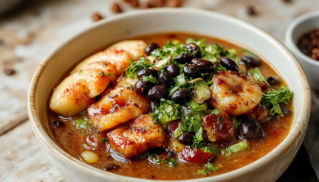 Bunte Nährstoffreiche Superfood-Bowl im japanischen Stil, präsentiert in einer tiefen schwarzen Schüssel. Enthält frisches rotes Lachsfilet, grüne Edamame, welkene Algen, gelbe Süßkartoffelwürfel, weißer Reis, geschnittene Avocado, Sesamsamen und Frühlingszwiebeln. Das Gericht ist kunstvoll arrangiert, mit bunten Komponenten, die den historischen asiatischen Einfluss widerspiegeln. Das Bild zeigt eine harmonische Zusammenstellung voller Texturen und lebendiger Farben, perfekt für einen gesunden, nahrhaften Genuss.