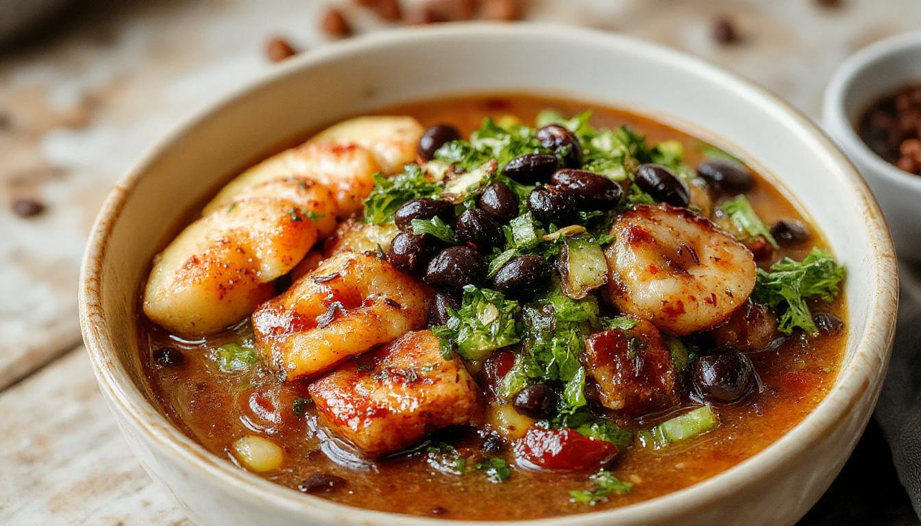 Bunte Nährstoffreiche Superfood-Bowl im japanischen Stil, präsentiert in einer tiefen schwarzen Schüssel. Enthält frisches rotes Lachsfilet, grüne Edamame, welkene Algen, gelbe Süßkartoffelwürfel, weißer Reis, geschnittene Avocado, Sesamsamen und Frühlingszwiebeln. Das Gericht ist kunstvoll arrangiert, mit bunten Komponenten, die den historischen asiatischen Einfluss widerspiegeln. Das Bild zeigt eine harmonische Zusammenstellung voller Texturen und lebendiger Farben, perfekt für einen gesunden, nahrhaften Genuss.