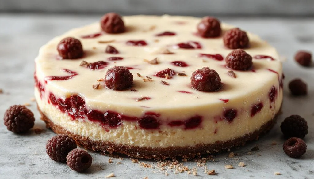 Ein cremiger, kuchenähnlicher No-Bake-Cheesecake mit einer blauen Heidelbeeren-Decke, dekoriert mit frischen Heidelbeeren und Minzblättern. Die Oberfläche ist glatt und leicht glänzend, die Ränder sind gleichmäßig und der Kuchen ist in einer klaren Glasschüssel angerichtet.