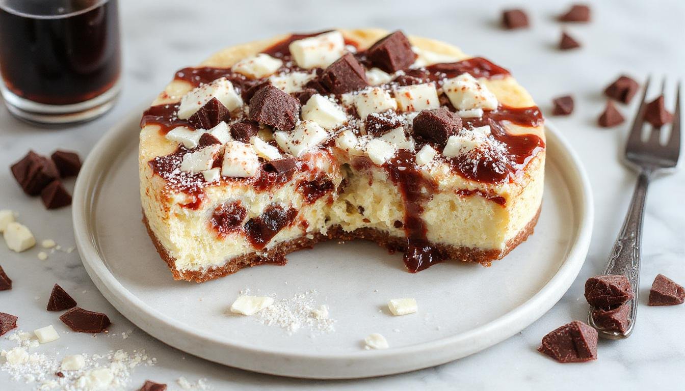 Ein cremiger Himbeer-Cheesecake mit einer weißen Schokoladenkuppel, garniert mit frischen Himbeeren und weißen Schokoladenraspeln, auf einem eleganten Teller präsentiert