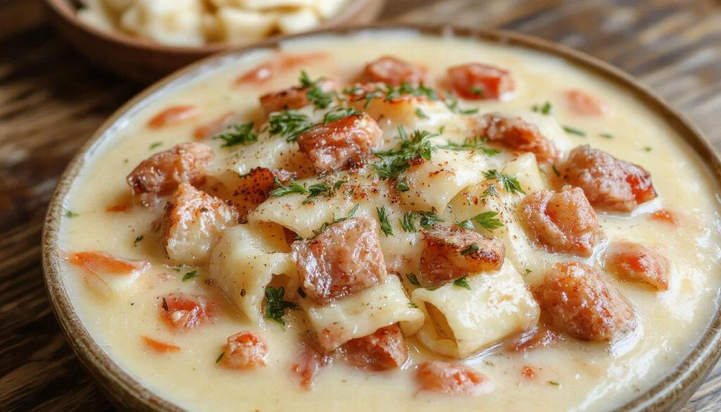 Eine cremige Käse-Schinken-Soße übergekochten Nudeln, serviert auf einem weißen Teller. Die Soße ist goldgelb mit zarten Schinkenstücken und geschmolzenem Käse, umgeben von frischen Kräutern.