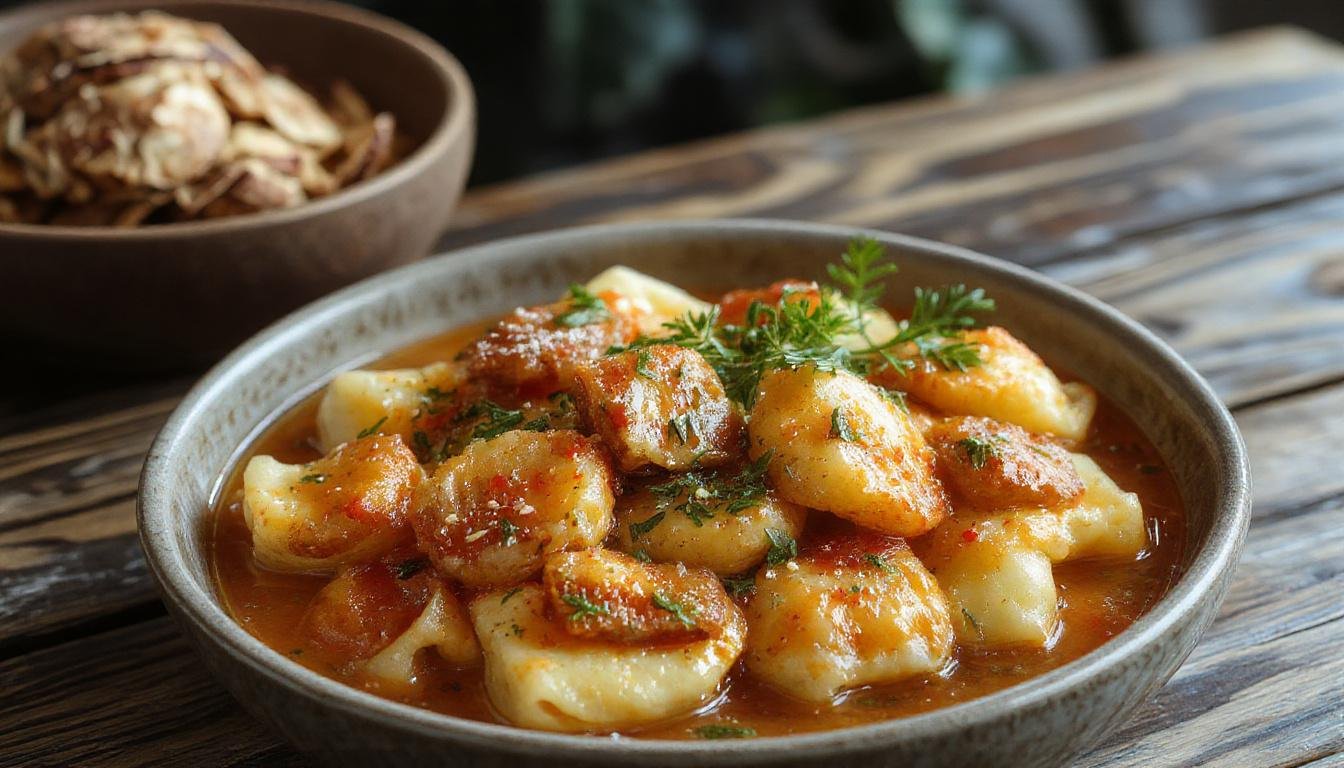 Ein Teller mit cremigen Nudeln und zarten Hähnchenstücken in einer leuchtend roten Paprikasoße, garniert mit frischen Kräutern und allem auf einem weißen Servierteller