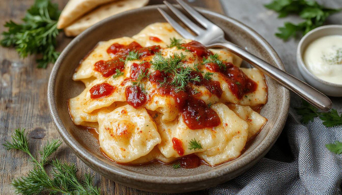 Bunte Nudeln in einer cremigen, orangenen Soße mit sichtbaren Paprika-Stückchen, garniert mit frisch geriebenem Käse und einem Spritzer frischer Kräuter, ansprechend auf einem weißen Teller präsentiert.