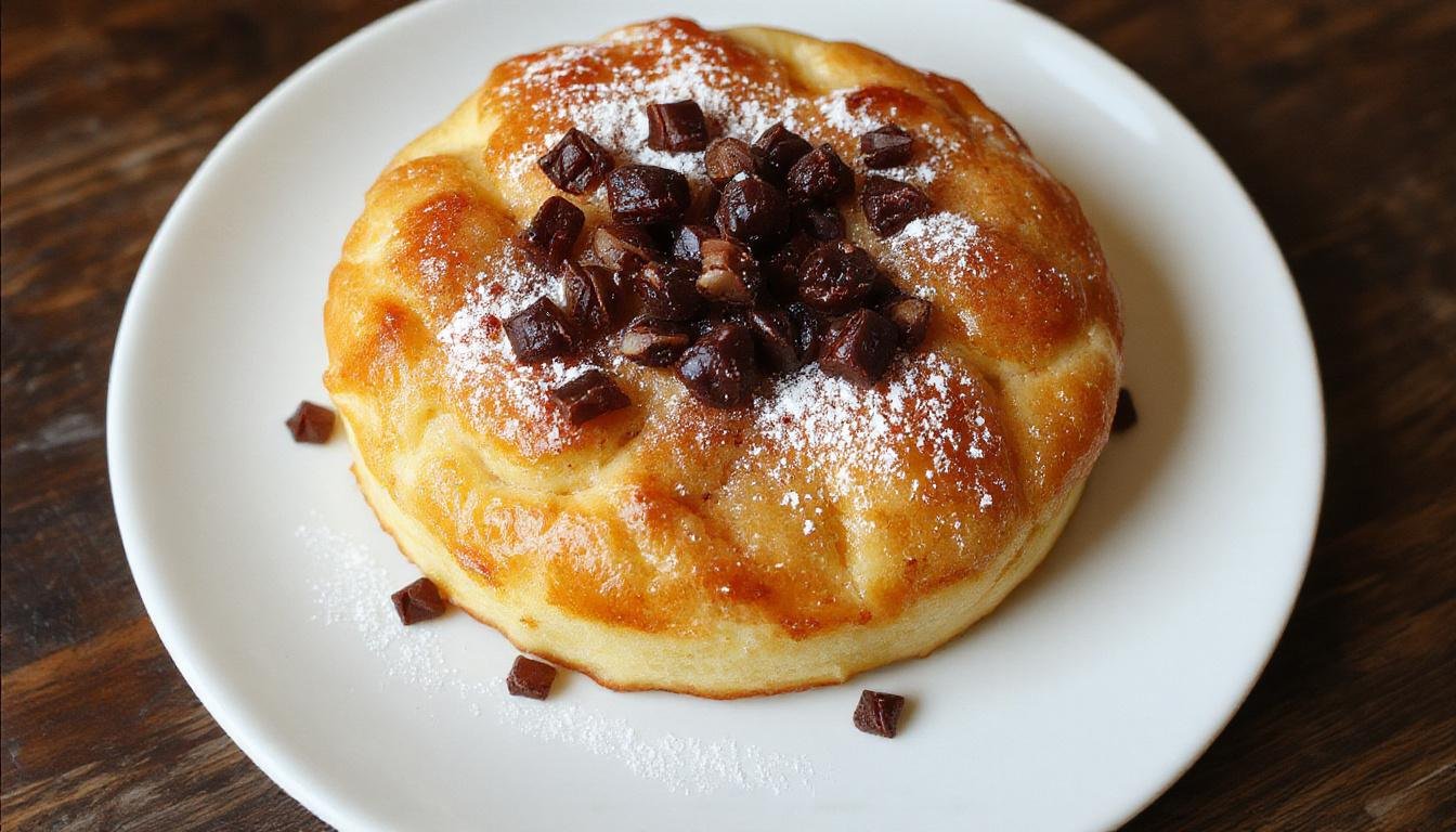 Ein goldbrauner Ofenpfannkuchen, der frisch aus dem Ofen kommt, in einer weißen Backform serviert. Die Oberfläche ist leicht knusprig mit einer luftigen Textur, und der Rand ist leicht hochgekippt. Die Pfanne ist auf einem rustikalen Holztisch platziert, umgeben von frischen Zutaten wie Zitronen und Puderzucker, was eine einladende und hausgemachte Atmosphäre schafft.
