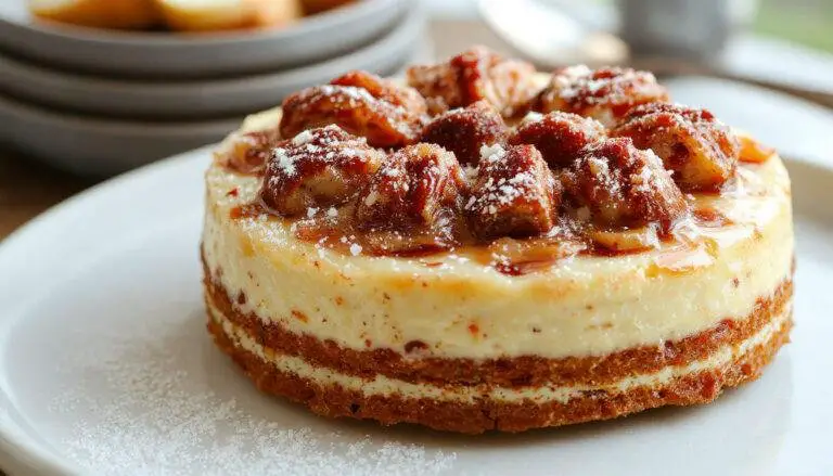 Ein frisch gebackener Birnenkuchen auf einem Porzellanteller, mit goldbrauner Kruste und saftigen Birnenstücken sichtbar, dekoriert mit Puderzucker und einer Minzblätter garnierung, serviert auf einem rustikalen Holztisch.