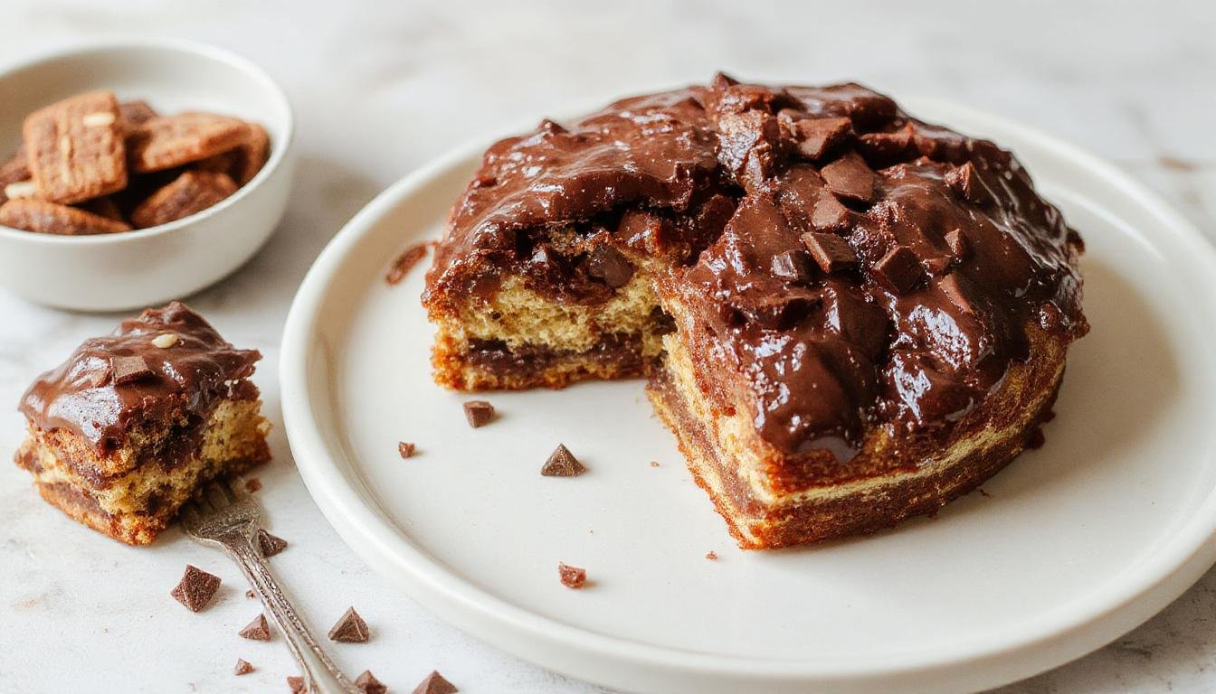 Ein saftiger Schokoladenkuchen mit einer glatten, glänzenden Schokoladenglasur, die auf einem eleganten weißen Teller präsentiert wird. Der Kuchen ist mit feinen Schokoladenraspeln dekoriert und strahlt eine reichhaltige, dunkle Farbe aus. Im Hintergrund sind weich fallende Schatten und ein Hauch von Puderzucker sichtbar, was die verführerische und homogene Textur des Kuchens unterstreicht.