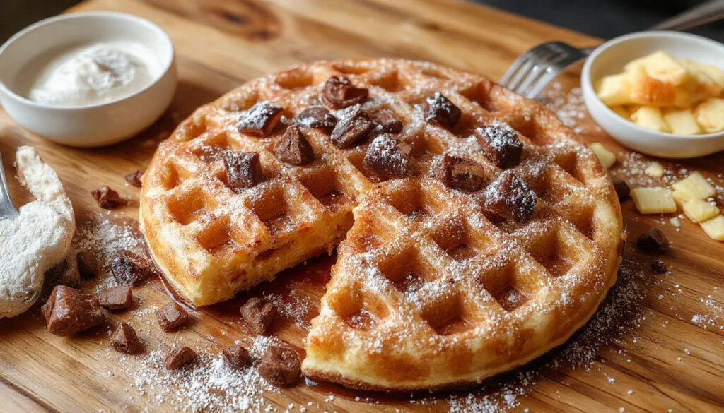 Ein goldbrauner Waffel auf einem weißen Teller, mit Puderzucker bestäubt und frischen Beeren garniert, in natürlichem Licht fotografiert, im Fokus
