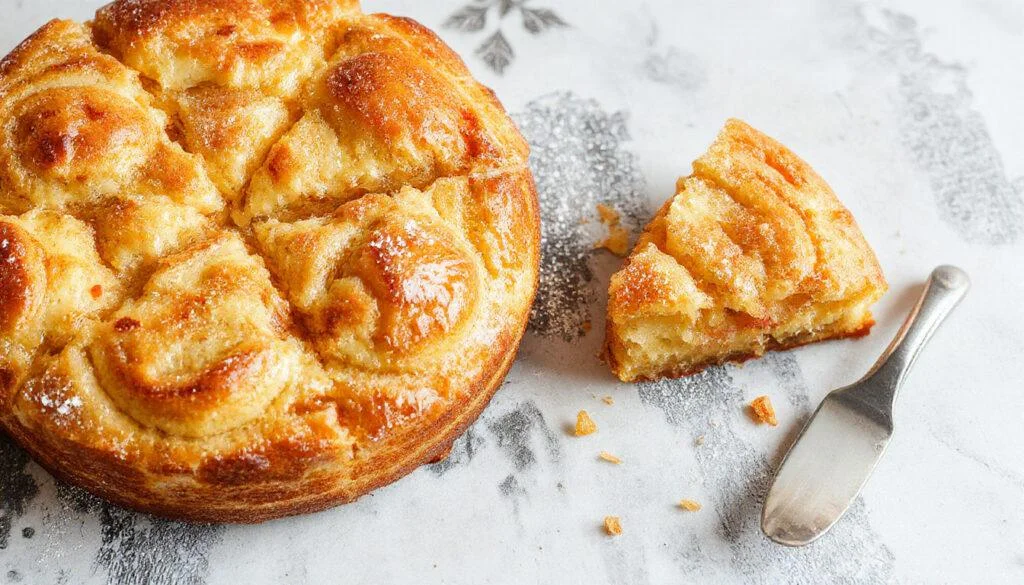 Ein saftiger Zwetschgen-Streuselkuchen auf einem rustikalen Holzbrett, mit goldbraunem Streuselteig und leuchtend violetten Zwetschgen, die frisch geschnitten und rundherum angeordnet sind. Der Kuchen ist mit Puderzucker bestäubt und zeigt seine fruchtige, buttrige Textur.
