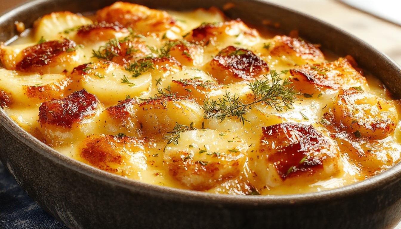 Eine ofenfrische Portion Kartoffelgratin auf einem weißen Teller, goldbraune Kruste, geschichtet mit cremiger Milch- und Käsemischung, mit frischen Kräutern garniert