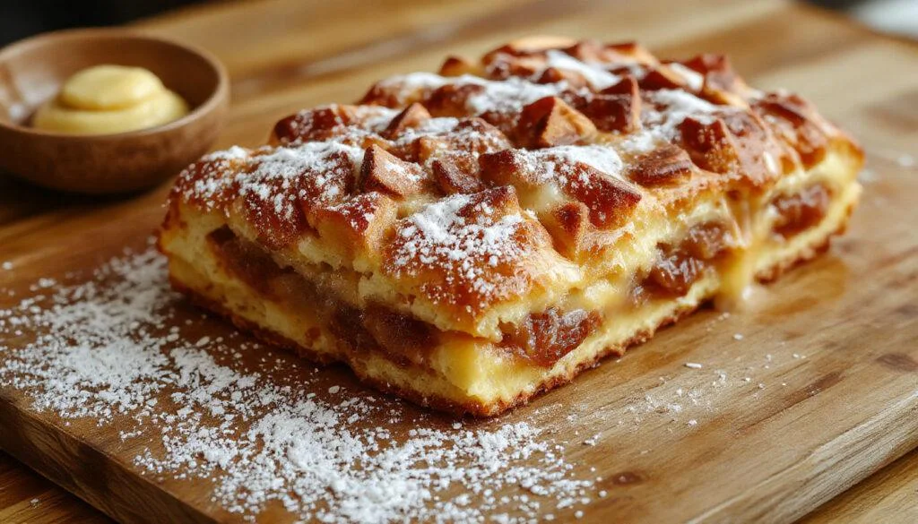 Ein frisch gebackener Streuselkuchen mit goldbrauner Streuseldecke, sichtbar cremiger Pudding in der Mitte, auf einem weißen Teller garnituriert mit Puderzucker, mit einem Messer und Gabel im Hintergrund, stilvoll angerichtet