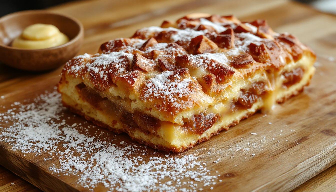 Ein frisch gebackener Streuselkuchen mit goldbrauner Streuseldecke, sichtbar cremiger Pudding in der Mitte, auf einem weißen Teller garnituriert mit Puderzucker, mit einem Messer und Gabel im Hintergrund, stilvoll angerichtet