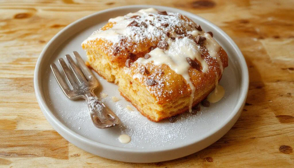 Ein frisch gebackener Zwetschgenkuchen auf einem rustikalen Holztablett, mit goldbraunem Hefeteig und saftigen, violetten Zwetschgen belegt, spritzig und einladend, mit Puderzucker bestäubt.