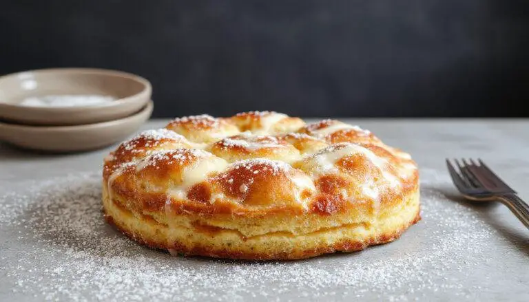 Ein goldbrauner Zwetschgenkuchen mit streuselartiger Kruste, frisch aus dem Ofen, die saftigen, violett-blauen Zwetschgen sind sichtbar, die Kuchen ist elegant auf einem weißen Teller angerichtet, mit Puderzucker bestäubt und einer zarten Streuselkruste, im Hintergrund dezent präsentierte frische Zwetschgen.