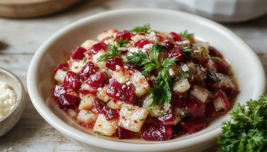 Bunter orientalischer Rote-Linsen-Salat in einer weißen Schüssel, mit zerbröseltem Feta, frischen Kräutern, Tomaten und Gurken, garnieret mit Gewürzen und einem Hauch von Olivenöl. Der Salat hat eine lebendige, farbenfrohe Präsentation mit einer passenden mediterranen Atmosphäre.