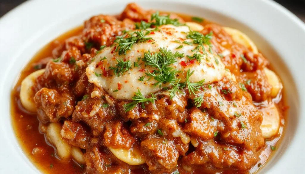 Ein Teller mit einer Portion originaler Bolognese, die dicke, aromatische Hackfleischsoße auf nudelartig angeordneten Tagliatelle präsentiert, begleitet von frisch geriebenem Parmesan und einem Hauch frischer Kräuter, alles auf einem rustikalen weißen Teller mit einer natürlichen Holzunterlage. Das Gericht strahlt Wärme und Authentizität aus, mit sichtbar sanft gekochtem Fleisch, samtiger Soße und attraktiv angerichteter Pasta.