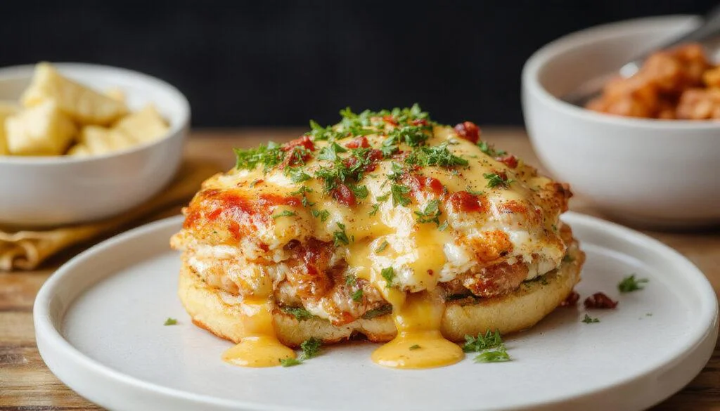 Ein gegrillter Croque Monsieur auf einem weißen Teller, goldbraun und knusprig, mit geschmolzenem Käse und Schinken, serviert mit frischer Petersilie und einer Zitronenscheibe, im eleganten Café-Setting