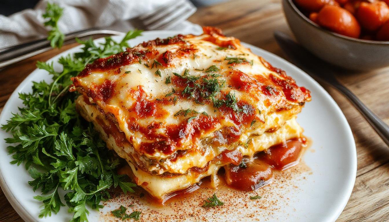 Eine Schichtung von frischer Lasagnenudel, cremiger Béchamelsauce, würziger Hackfleischsoße, garniert mit frisch geriebenem Parmesan und Basilikum, serviert auf einem weißen Teller, mit einer goldbraunen Oberfläche und appetitlich angerichtet.
