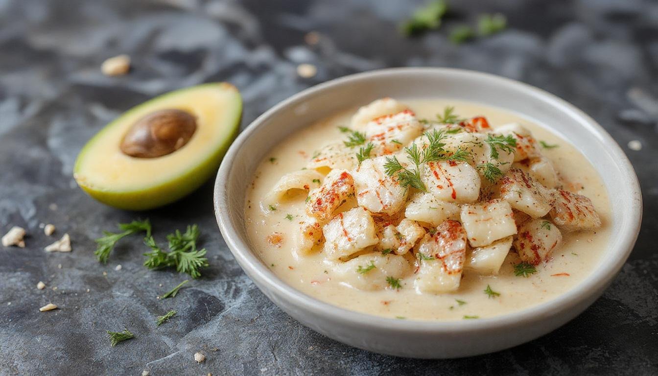 Bunte Pasta auf einem weißen Teller, bedeckt mit cremiger Thunfischsoße, garniert mit grünen Kräutern, knusprigen Croutons und einem Zitronenschnitz