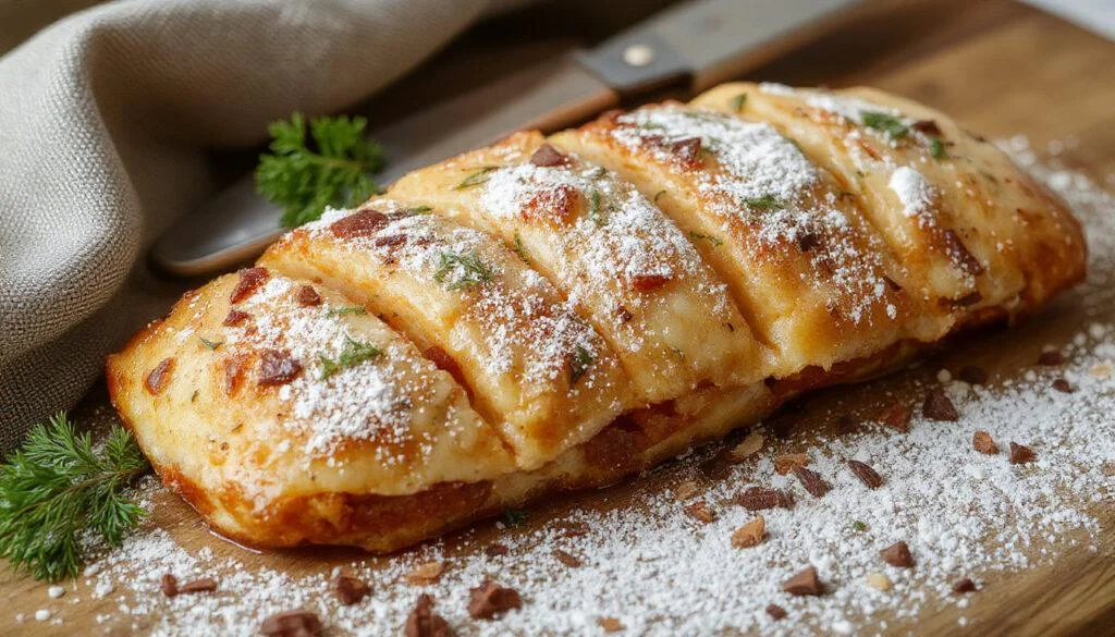 Eine goldbraune, knusprige Reisschüssel auf einem weißen Teller, mit sichtbaren einzelnen Reiskörnern, die eine knackige Textur zeigen, serviert auf einem dunklen Holztisch mit frischen Kräutern als Garnitur.