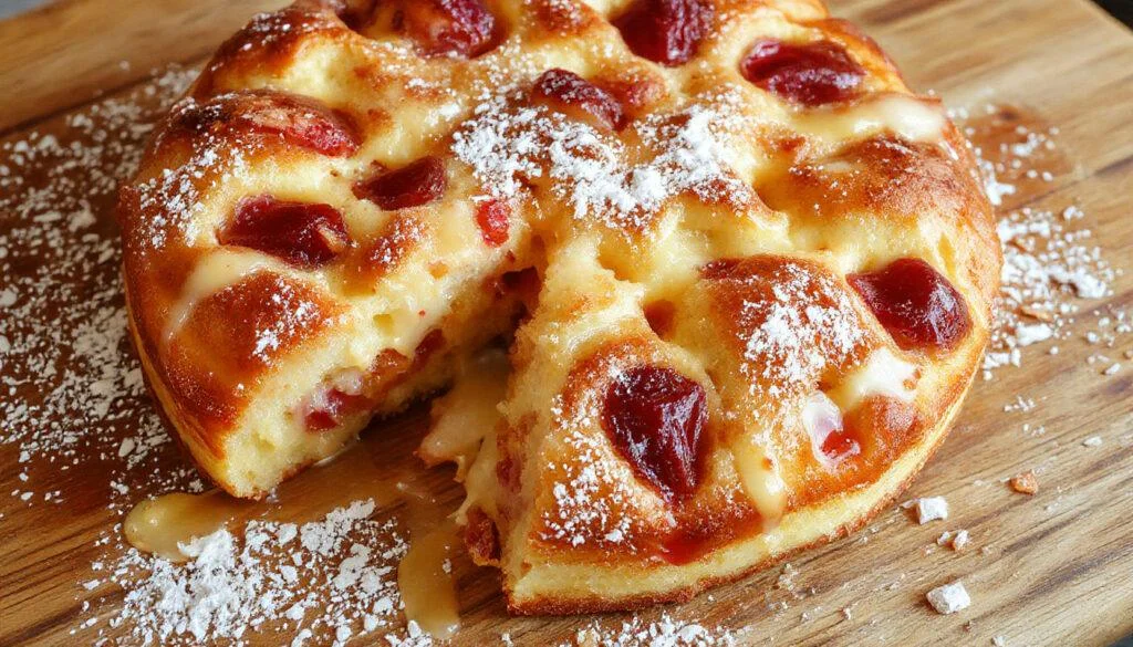 Ein frisch gebackener Pflaumenkuchen auf einem weißen Teller, bedeckt mit glänzenden, saftigen Pflaumen, die auf einem goldbraunen Quark-Öl-Teig liegen, mit einer leichten Zimtnote bestäubt und in natürlichem Licht fotografiert.