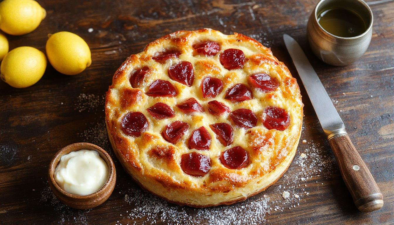 Ein frisch gebackener Pflaumenkuchen mit goldbrauner Quark-Öl-Teigkruste, bedeckt mit glänzenden, tiefvioletten Zwetschgen, die gleichmäßig auf dem Kuchen verteilt sind. Der Kuchen ist in einem weißen Porzellanservice auf einem Holztisch präsentiert, mit einem Stück herausgeschnitten, das die saftige Fruchtfüllung und die zarte Teigschicht sichtbar macht.