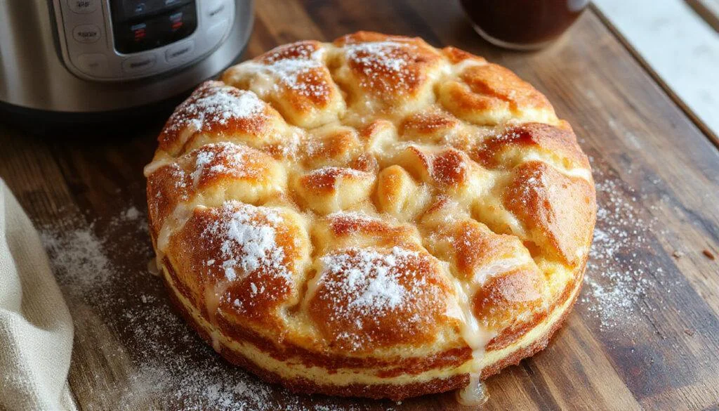 Ein frisch gebackener Pflaumenkuchen mit goldbraunen Streuseln, der auf einem rustikalen Holztisch präsentiert wird. Der Kuchen ist mit saftigen Pflaumen belegt, die leicht sichtbar durch die knusprige Streuselschicht sind. Die Streusel sind locker und goldgelb, während die Pflaumen eine intensive violette Farbe haben. Im Hintergrund sind einige Pflaumen und ein Messer sichtbar, was einen hausgemachten, einladenden Eindruck vermittelt.