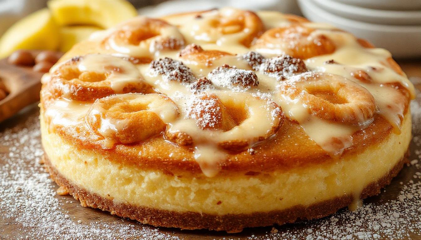 Ein frisch gebackener Pflaumenkuchen mit goldbrauner Kruste, durchscheinenden violetten Pflaumen und einer cremigen Vanillepudding-Füllung, schön angerichtet auf einem rustikalen Holzbrett mit Puderzucker bestäubt.