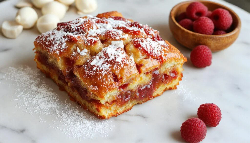 Ein frisch gebackener Pflaumenkuchen auf einem rustikalen Holzbrett, mit einer goldbraunen Kruste, saftigen Pflaumen, die leicht glasiert sind, und einer zarten Zimtschicht. Der Kuchen ist in Stücke geschnitten, die Pflaumen sichtbar und die Oberfläche leicht knusprig. Im Hintergrund sind einige frische Pflaumen und ein Messer sichtbar.