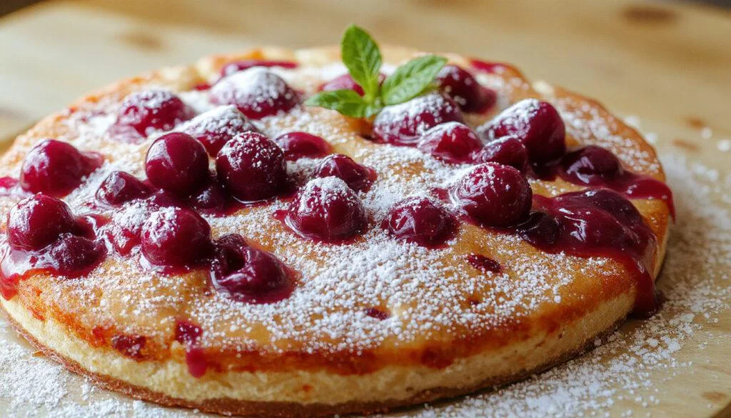 Ein großer, rechteckiger Pflaumenkuchen mit einer goldbraunen Baiser-Haube, frisch aus dem Ofen auf einem weißen Teller, mit glasierten Pflaumen und knusprigem Teigrand