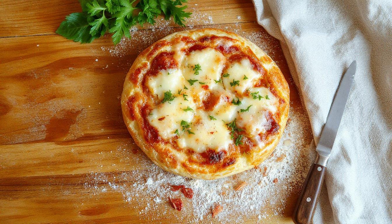 Frisch gebackene Pizzabrötchen auf einem weißen Teller, mit knuspriger goldbrauner Kruste, gefüllt mit Käse, Tomatensauce und klein geschnittenen Zutaten, leicht bestäubt mit knusprigem Parmesan, auf einem Holzbrett platziert