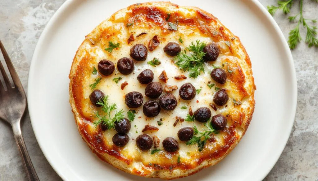 Hochwertige proteinreiche Quark-Taler auf einem weißen Teller, goldbraun gebacken mit einer leichten Kruste und einem cremigen Quark-Innenleben, dekoriert mit frischen Kräutern, präsentierte elegant auf einem Holzboard.