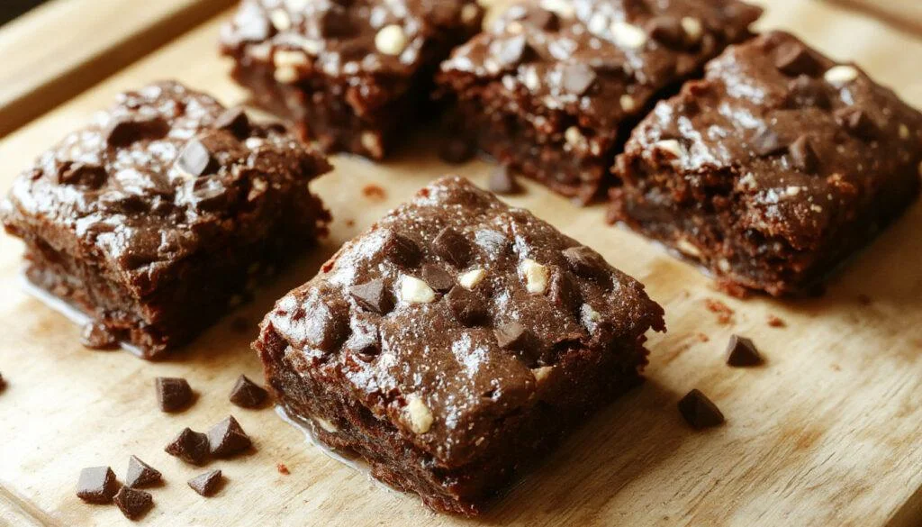Ein saftiger Proteinreiche Schoko-Brownie in schokoladiger brauner Farbe, mit einer leicht knusprigen Oberfläche und geschmolzener Schokolade an der Oberseite, auf einem eleganten weißen Teller serviert, umgeben von Kakaopulver und frischen Beeren zur Dekoration.