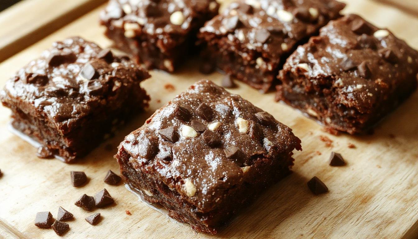 Ein saftiger Proteinreiche Schoko-Brownie in schokoladiger brauner Farbe, mit einer leicht knusprigen Oberfläche und geschmolzener Schokolade an der Oberseite, auf einem eleganten weißen Teller serviert, umgeben von Kakaopulver und frischen Beeren zur Dekoration.