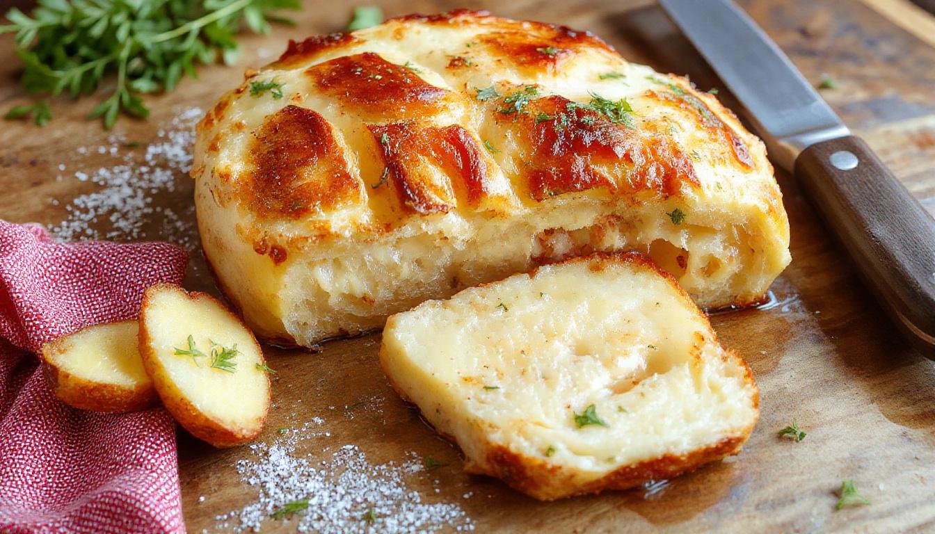 Ein frisch gebackener Proteinreicher Hüttenkäse-Eierauflauf auf einem weißen Teller, goldbraun gebacken mit einer knusprigen Oberfläche und zartem Innenteil, garniert mit frischen Kräutern, serviert auf einem rustikalen Holztisch.